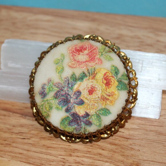 Vintage West Germany Sugar Glass Floral Flowers Gold Tone Brooch Pin - Picture 1 of 5